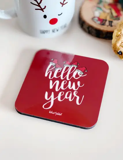 Kırmızı Merhaba Yeni Yıl Hello New Year Yılbaşı Hediyesi Bardak Altlığı