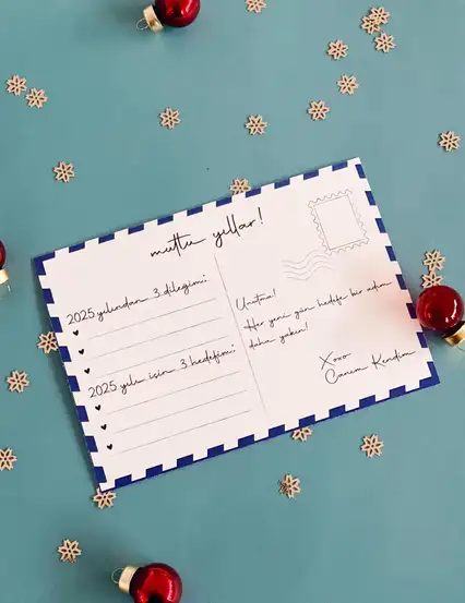 2025 Yılbaşı Hediye Not Kartı Ön Arka Yeni Yıl Dilekleri Baskılı Kartpostal Motto Kartı