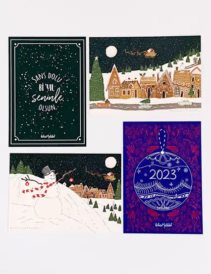 Yılbaşı Hediye Kartları ve Yeni yıl Kartpostalları Seti 6 - 4 Adet Yılbaşı Hediye Kartı
