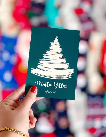 Mutlu Yıllar Çam Ağacı Yeşil Yılbaşı Motto Kartı Kartpostal Hediye Kartı