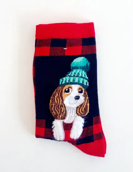Yılbaşı Çorap Kırmızı Ekoseli Sevimli Köpek Yeni Yıl Çorabı