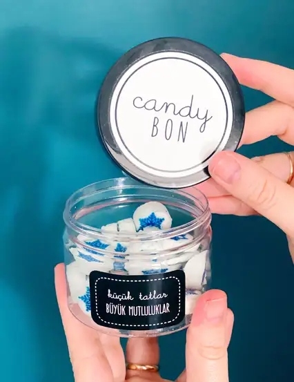 Candybon El Yapımı Mavi Kar Tanesi Desenli Beyaz Akide Şekeri