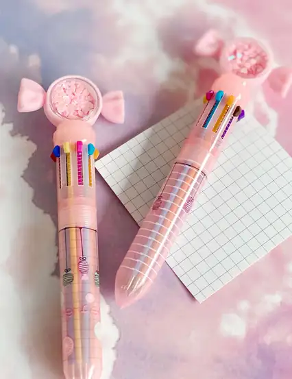 Sevimli Şekerleme Payetli Pembe Kalem 10 Renkli Tükenmez Kalem