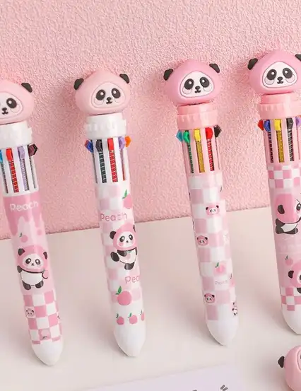 Sevimli Panda Figürlü Pembe Kalem 10 Renkli Tükenmez Kalem