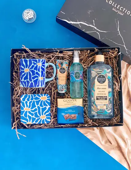 Mavi Ayçiçeği Enerjisi Ferahlatan Kadına Hediye Kutusu Seti