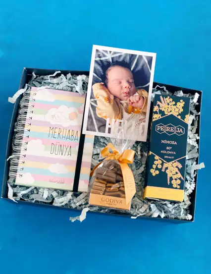 Hello Baby Hoş Geldin Bebek Kişiye Özel Fotoğraflı Mimoza Kolanyalı Hediye Kutusu Seti