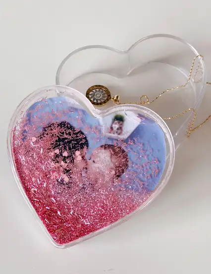 Kişiye Özel Fotoğraflı Kalp Kutu Kar Küresi Mücevher Takı Kutusu