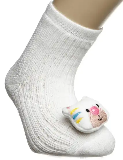 HelloBaby Çorap - Oyuncaklı Havlu Bebek Çorabı Beyaz Kedi