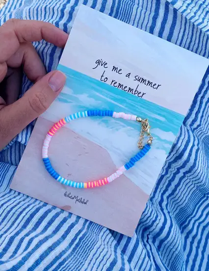 Fimo Boncuklu Yazı Selamla Halhal Bileklik & Give Me A Summer To Remember Motto Kartı