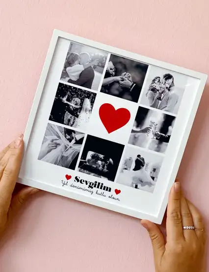 Sevgilim Seni Seviyorum Mesajlı Kişiye Özel Fotoğraf Baskısı Ve Sök Tak Kare Yapışan Beyaz Çerçeve 20 x 20 cm
