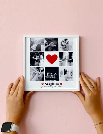 Sevgilim Seni Seviyorum Mesajlı Kişiye Özel Fotoğraf Baskısı Ve Sök Tak Kare Yapışan Beyaz Çerçeve 20 x 20 cm