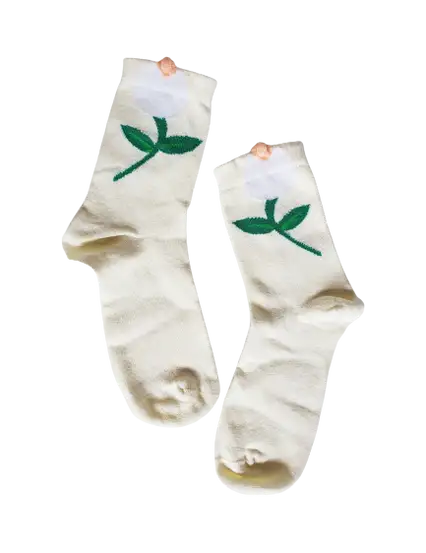 Çiçekli Zarif Kore Tarzı Kadın Soket Ekru Krem Çorap