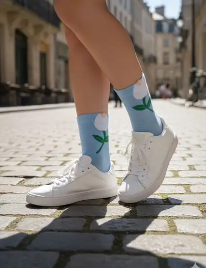 Çiçekli Zarif Kore Tarzı Kadın Soket Mavi Çorap