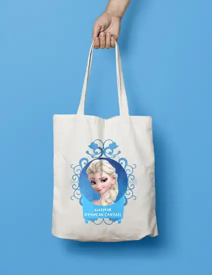 Frozen Elsa Temalı Kişiye Özel İsim Yazılı Kız Çocuk Bez Oyuncak Çantası