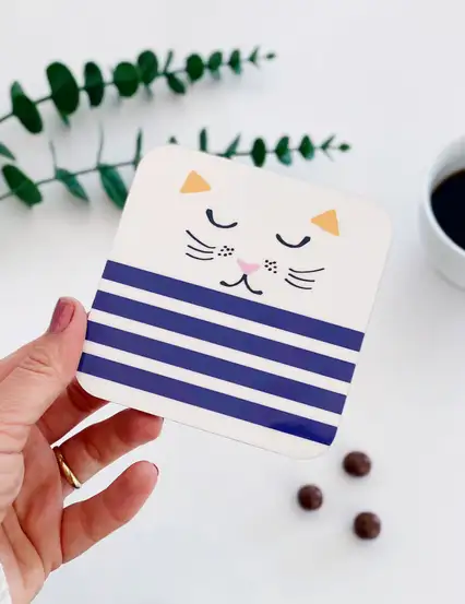 Mavi Pijamalı Uykucu Kedi Bardak Altlığı