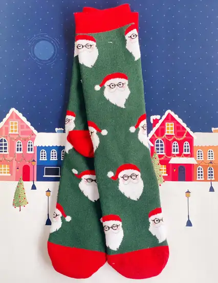 Çorap N016 - Yılbaşı Çorap Gözlüklü Noel Baba Yeşil Hediye Yeni Yıl Çorabı