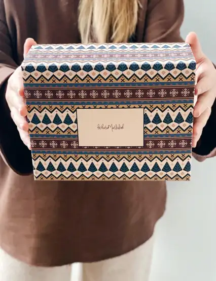 Boho Ağaçlar Kazak Desenli Boş Hediye Kutusu ( Sadece Kutu )