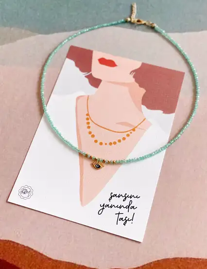 Mint Boncuklu Şanslı Göz Kolye