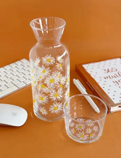 Papatyalı Bardaklı Cam Sürahi