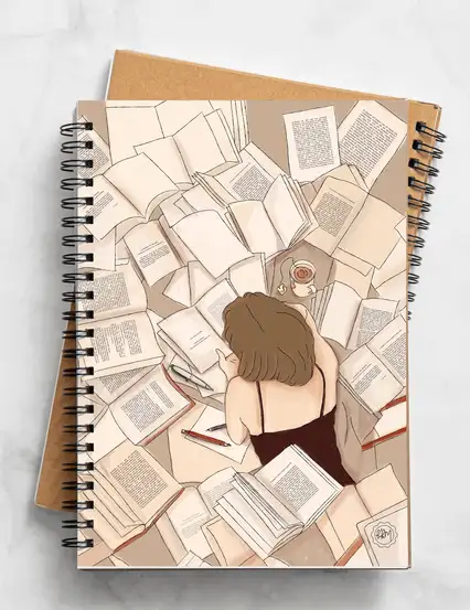 N228 Kitap Okuyan Kız Çizimli A5 Spiralli Defter