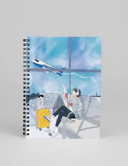 N235 Havaalanında Kız Çizimli A5 Spiralli Defter
