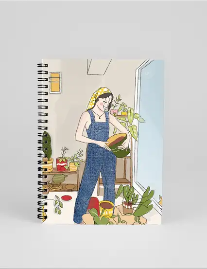 N237 Yeşil Bitkiler Kız Çizimli A5 Spiralli Defter