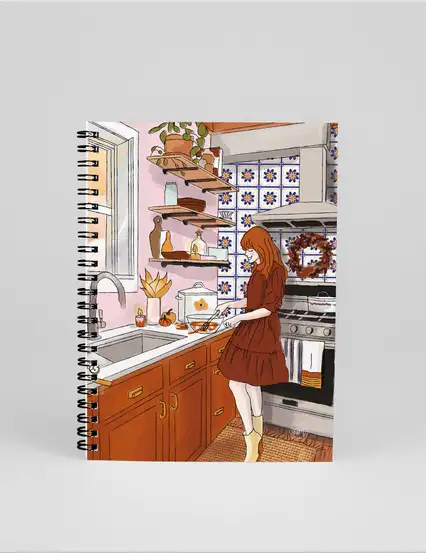 N240 Yemek Yapan Kız Çizimli A5 Spiralli Defter