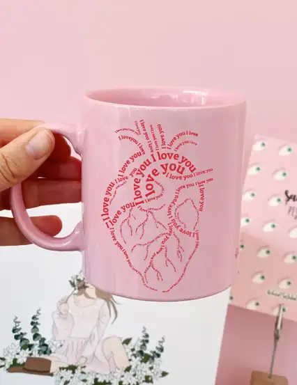 I Love You Mesajlı Kalp Pembe Kupa