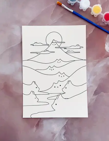 Kediler Dağ Manzarası Boyama Kartı