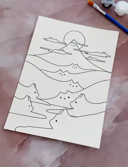 Kediler Dağ Manzarası Boyama Kartı