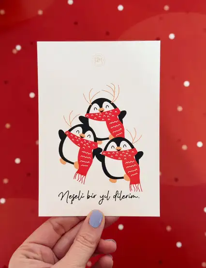 Neşeli Penguenler Yılbaşı Kartı