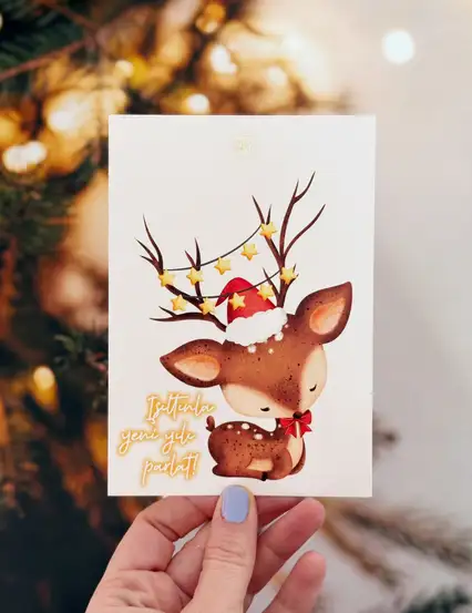 Işıltılı Yeni Yıl Geyikli Yılbaşı Kartı