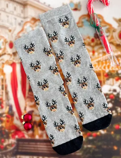 Cool Geyikli Gri Yılbaşı Çorabı