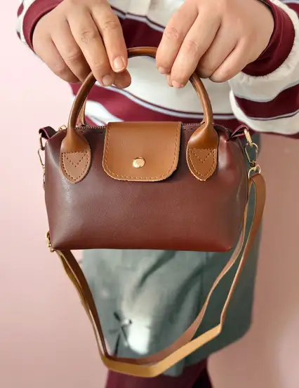 Bordo Taba Çift Saplı Ayarlanabilir Askılı Suni Deri El Ve Omuz Çantası