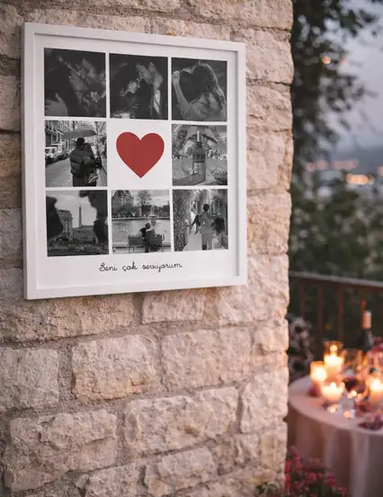 Kişiye Özel Fotoğraf Baskısı Sök Tak Kare Yapışan Beyaz Çerçeve 20 x 20 cm - Kırmızı Kalpli