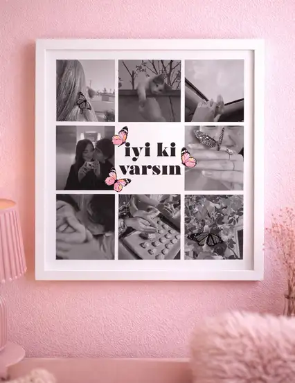 İyi Ki Varsın Kelebekli Kişiye Özel Fotoğraf Baskısı Sök Tak Kare Yapışan Beyaz Çerçeve 20 x 20 cm