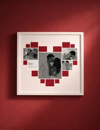 Piksel Dolusu Kırmızı Kalp Sök Tak Kare Yapışan Beyaz Çerçeve 20 x 20 cm