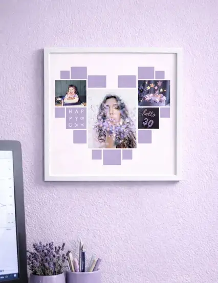 Piksel Dolusu Lila Kalp Sök Tak Kare Yapışan Beyaz Çerçeve 20 x 20 cm