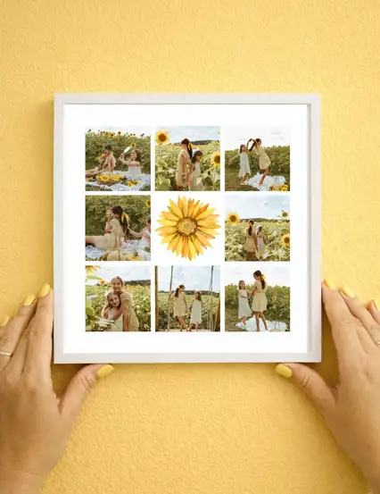 Ayçiçekli Kişiye Özel Fotoğraf Baskısı Sök Tak Kare Yapışan Beyaz Çerçeve 20 x 20 cm