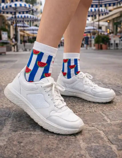 Mavi Çizgili Karpuz Desenli Çorap