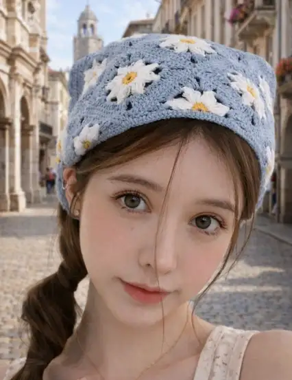 Mavi Papatyalı Örgü Üçgen Bandana