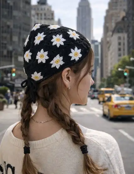 Siyah Papatyalı Örgü Üçgen Bandana