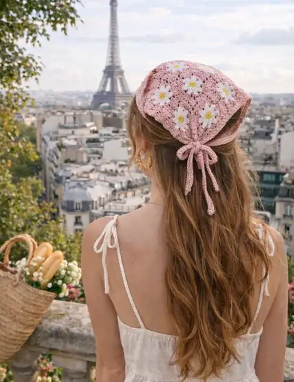 Pembe Papatyalı Örgü Üçgen Bandana