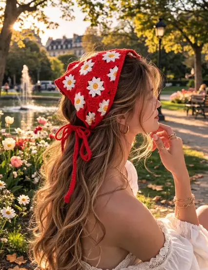 Kırmızı Papatyalı Örgü Üçgen Bandana