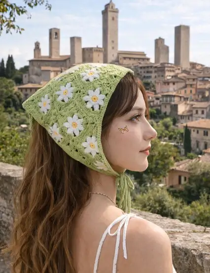 Mint Yeşil Papatyalı Örgü Üçgen Bandana