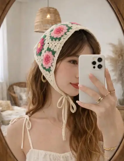 Fransız Pastoral Tarzı Tığ İşi Çiçekli Örgü Üçgen Bandana