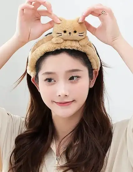 Kedi Figürlü Tüylü Peluş Bej Saç Bakım Bandı