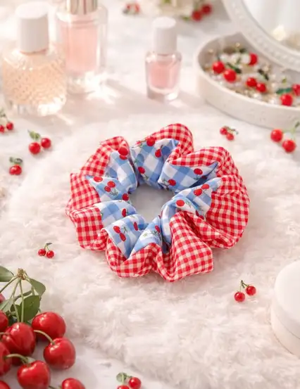 Kirazlı Pötikareli Simit Toka Scrunchie