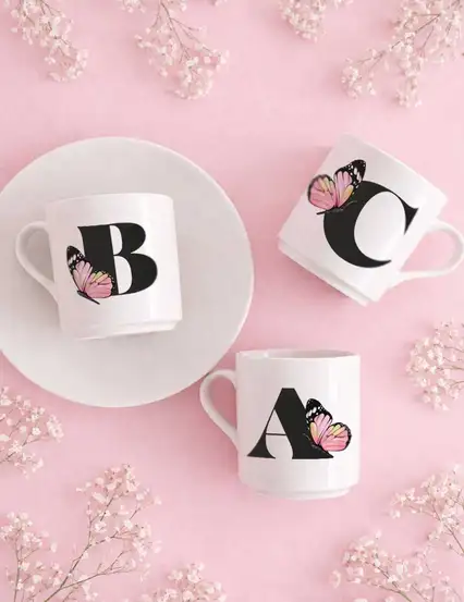 Kelebekli Baş Harfli Hediye Türk Kahvesi Fincanı