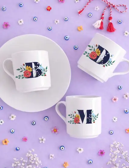 Çiçekli Baş Harfli Hediye Türk Kahvesi Fincanı